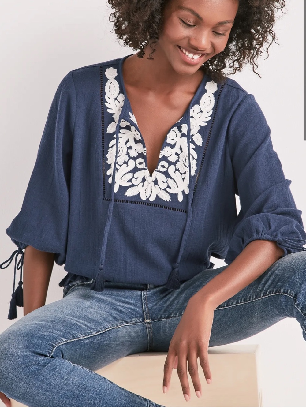 Lucky Brand Embroidered Tassle Top Size Large NWT in American Navy